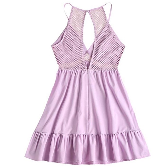 Lilac Open Back Perforated Lattice Frilled Dress - Picture 4 of 5